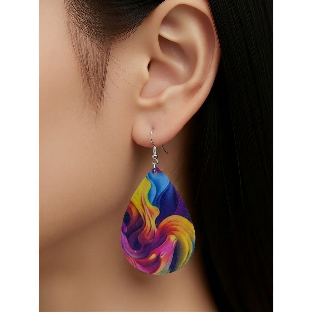 Rainbow Swirl Faux Leather Earrings Colorful Pop Art Dangle Teardrop Jewelry